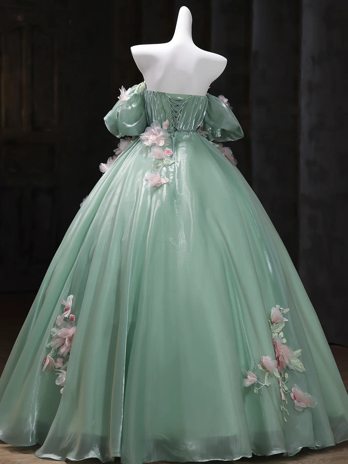 Short Sleeves Green Tulle Floral Long Prom Dresses, A Line Green Long - shegown Short Sleeves Green Tulle Floral Long Prom Dresses, A Line Green Long - shegown