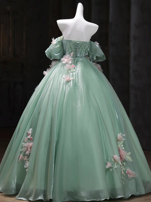 Short Sleeves Green Tulle Floral Long Prom Dresses, A Line Green Tulle Long Floral Formal Evening Dresses