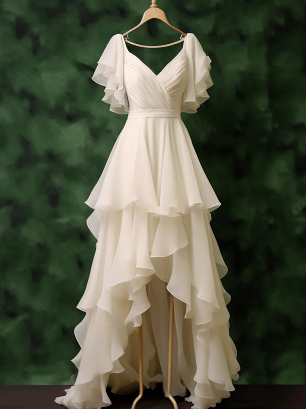 Short Sleeves Ivory Chiffon High Low Layered Wedding Dress, Ivory Layered Wedding Gowns Prom Dress, US 16 / Ivory as Pics / No Rush