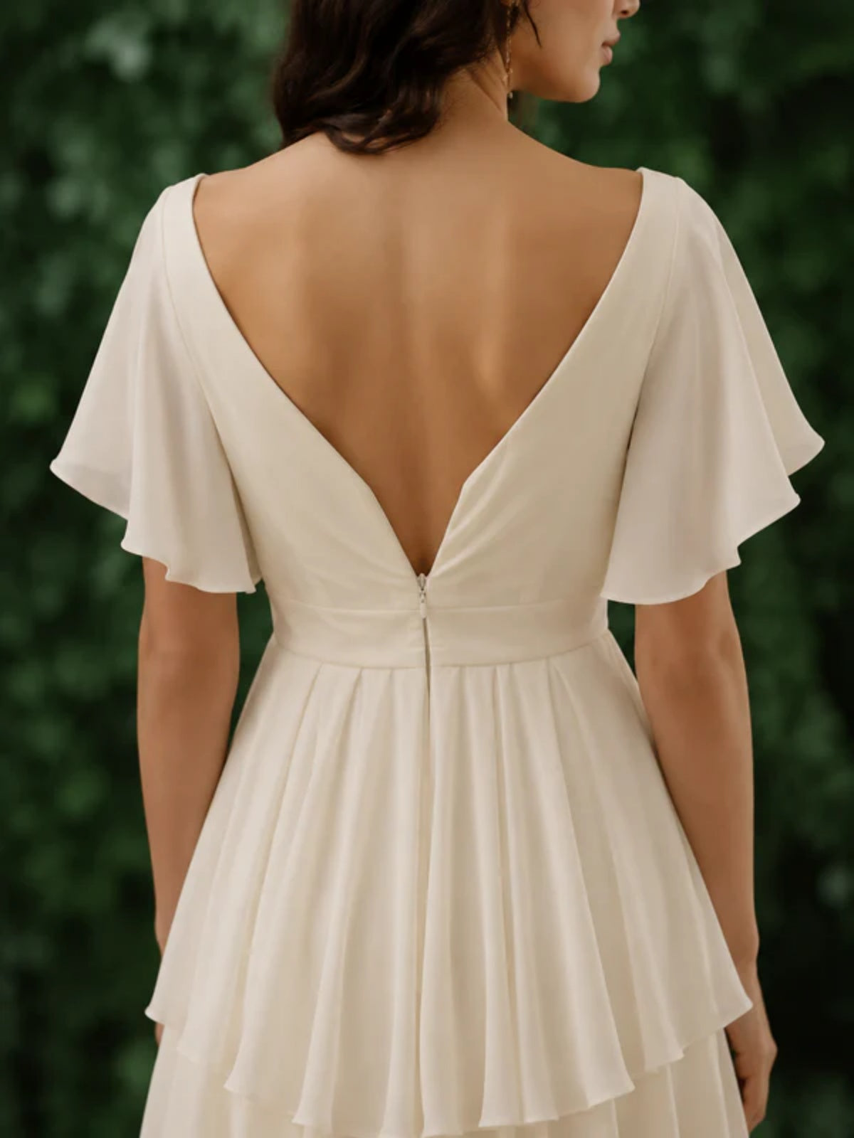 Short Sleeves Ivory Chiffon High Low Layered Wedding Dress, Ivory Laye