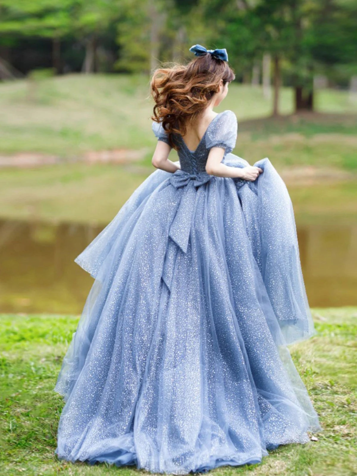 Short Sleeves Light Blue Tulle Long Prom Dresses, Short Sleeves Light Blue Tulle Formal Dresses