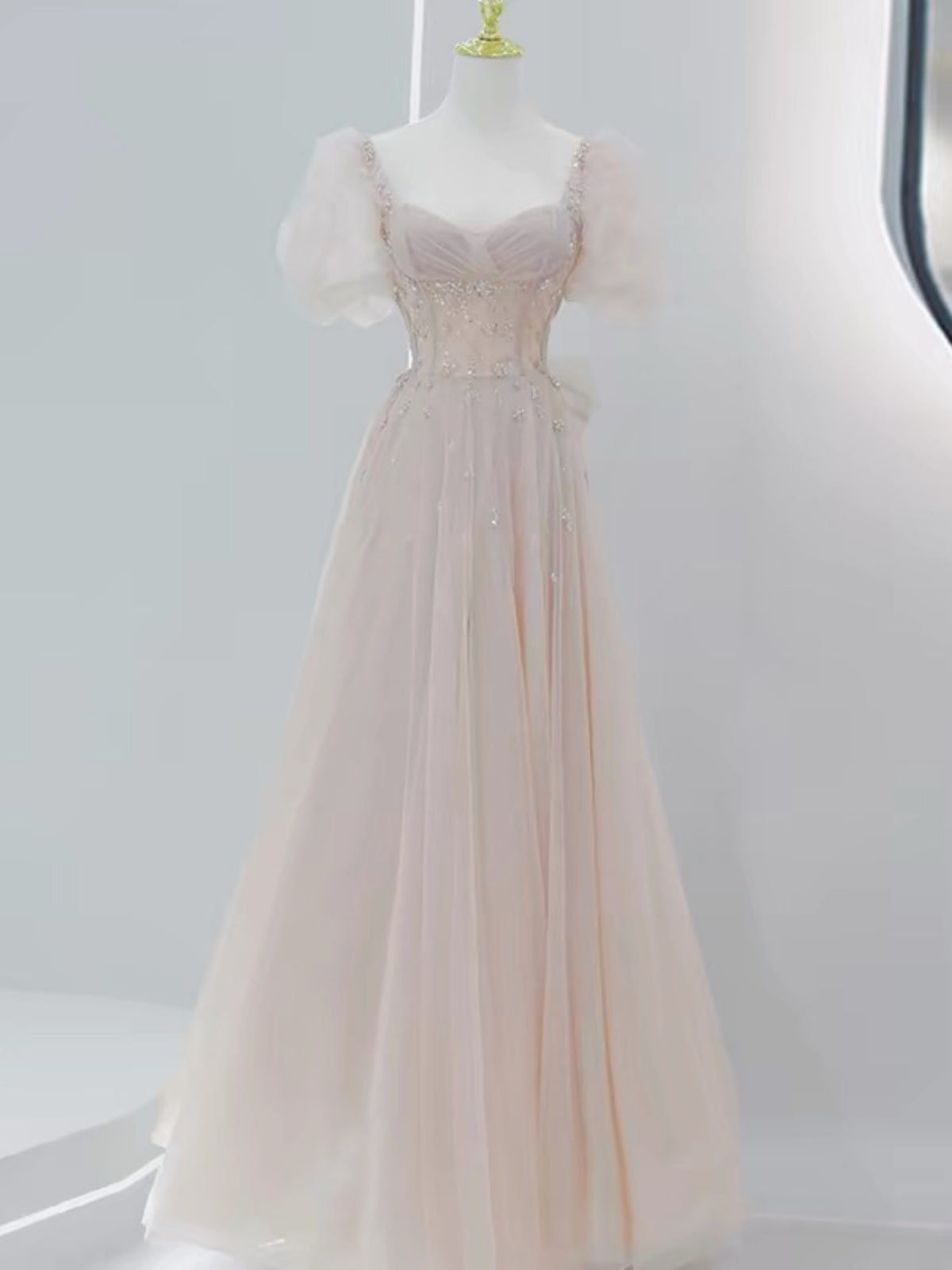 Short Sleeves Light Champagne Pink Beaded Tulle Long Prom Dresses, Pale Champagne Pink Long Formal Evening Dresses