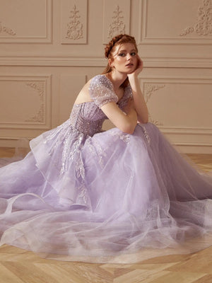 Short Sleeves Open Back V Neck Lilac Lace Long Prom Dresses, Lilac Lace Formal Evening Dresses