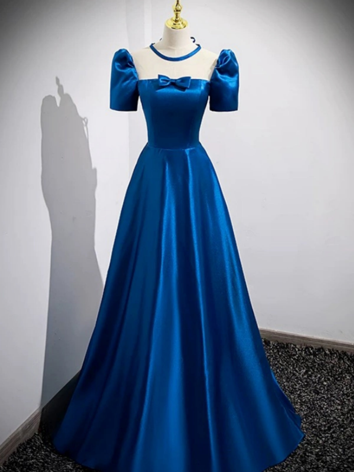Short Sleeves Peacock Blue Satin Long Prom Dresses, Peacock Blue Satin Formal Evening Dresses