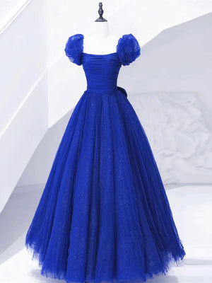 Short Sleeves Royal Blue Long Prom Dresses, Royal Blue Long Tulle Formal Evening Dresses