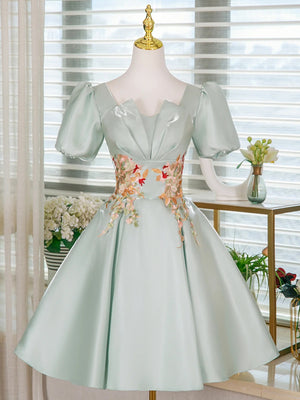 Short Sleeves Shiort Green Floral Prom Dresses, Short Green Floral Formal Homecoming Dresses