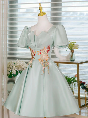 Short Sleeves Shiort Green Floral Prom Dresses, Short Green Floral Formal Homecoming Dresses