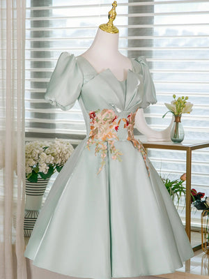 Short Sleeves Shiort Green Floral Prom Dresses, Short Green Floral Formal Homecoming Dresses
