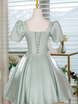 Short Sleeves Shiort Green Floral Prom Dresses, Short Green Floral Formal Homecoming Dresses