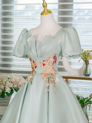 Short Sleeves Shiort Green Floral Prom Dresses, Short Green Floral Formal Homecoming Dresses