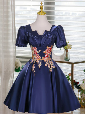 Short Sleeves Short Blue Floral Prom Dresses, Short Blue Floral Formal Homecoming Dresses
