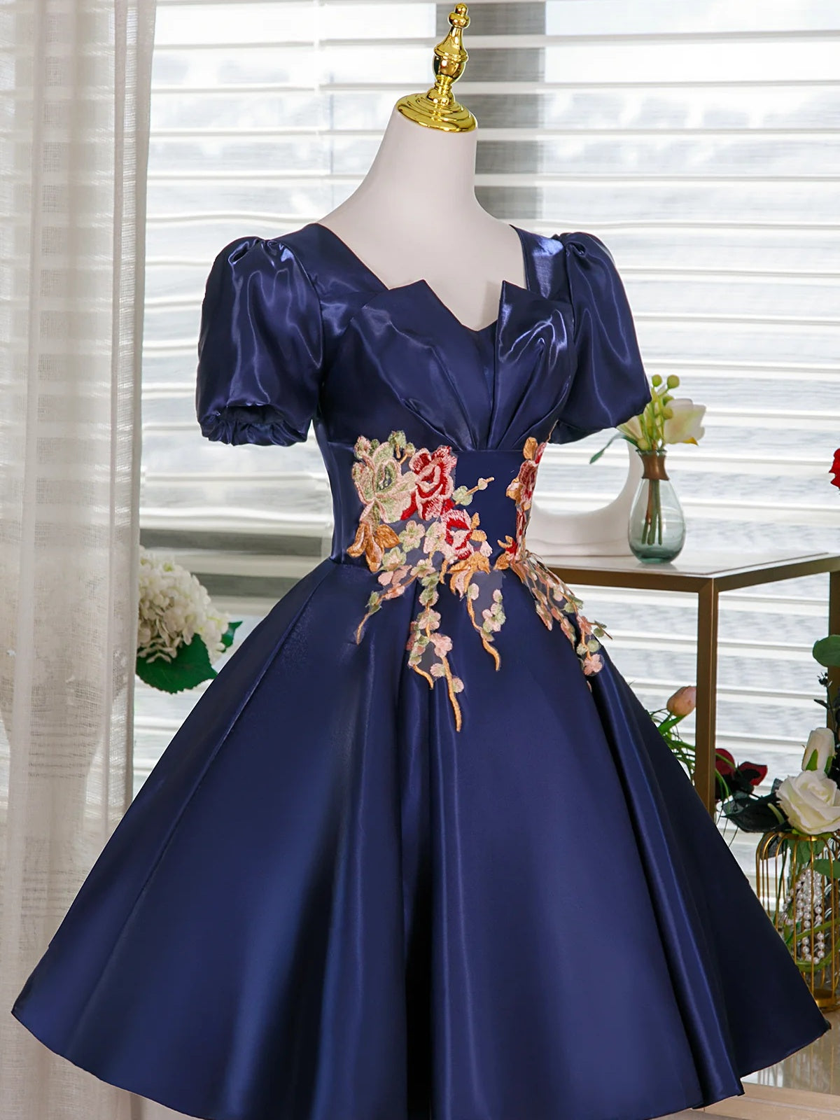 Short Sleeves Short Blue Floral Prom Dresses, Short Blue Floral Formal - shegown Short Sleeves Short Blue Floral Prom Dresses, Short Blue Floral Formal - shegown