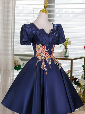 Short Sleeves Short Blue Floral Prom Dresses, Short Blue Floral Formal Homecoming Dresses