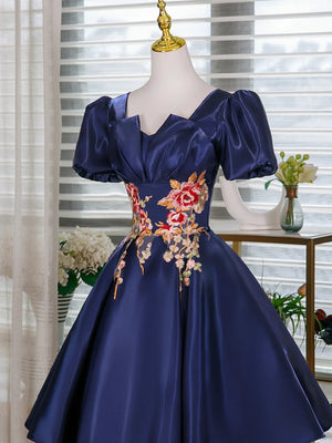 Short Sleeves Short Blue Floral Prom Dresses, Short Blue Floral Formal Homecoming Dresses