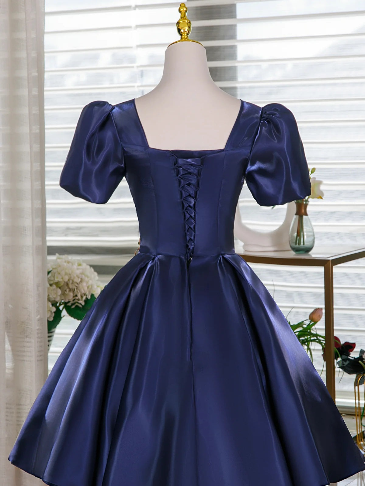 Short Sleeves Short Blue Floral Prom Dresses, Short Blue Floral Formal Homecoming Dresses, US 8 / Custom Color / No Rush Short Sleeves Short Blue Floral Prom Dresses, Short Blue Floral Formal Homecoming Dresses, US 8 / Custom Color / No Rush