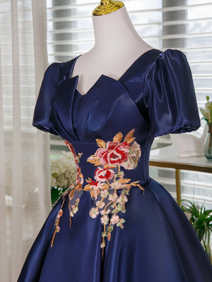 Short Sleeves Short Blue Floral Prom Dresses, Short Blue Floral Formal Homecoming Dresses