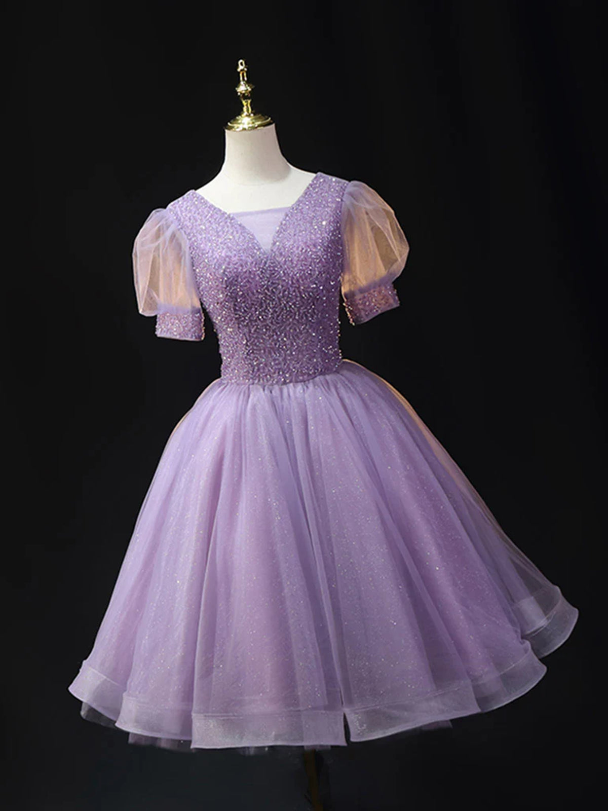 Short Sleeves V Neck Purple Prom Dresses With Sequins, V Neck Purple Formal Graduation Dresses, US 14 / Picture Color / With Rush+$19.99 Short Sleeves V Neck Purple Prom Dresses With Sequins, V Neck Purple Formal Graduation Dresses, US 14 / Picture Color / With Rush+$19.99