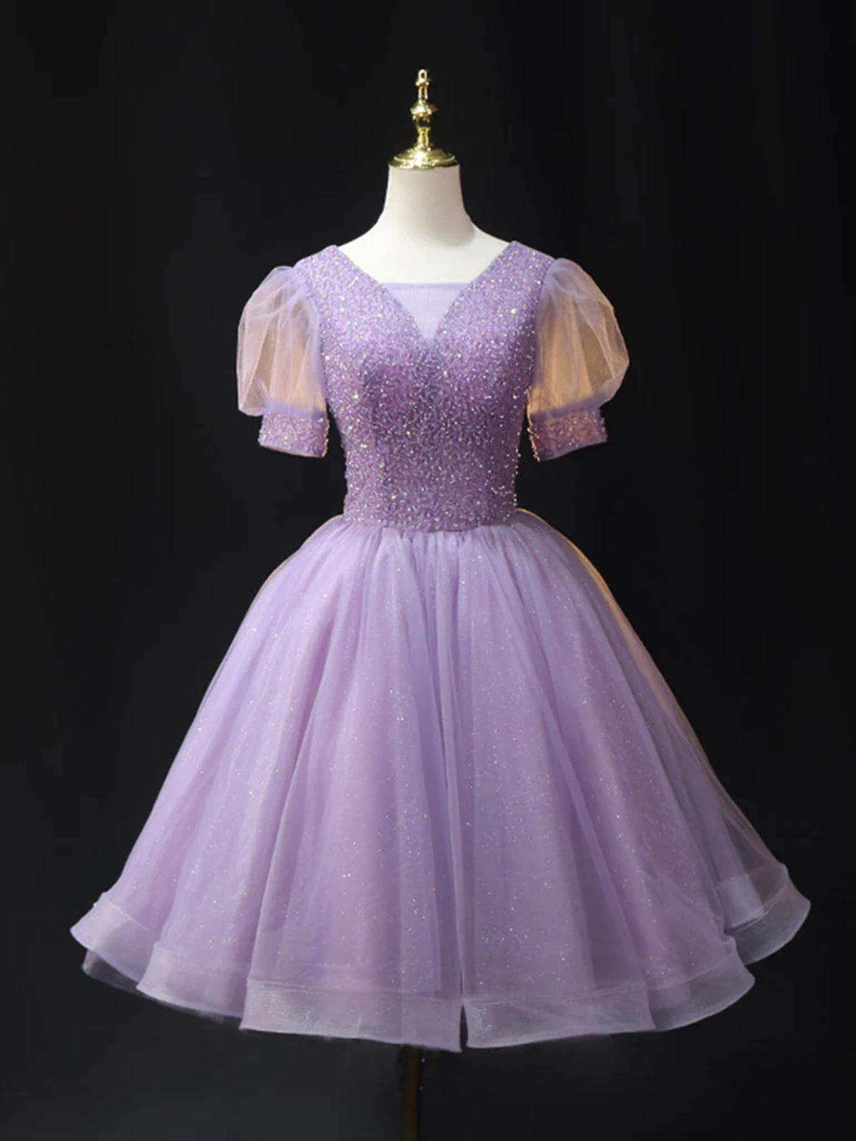 Short Sleeves V Neck Purple Prom Dresses with Sequins, V Neck Purple F - shegown Short Sleeves V Neck Purple Prom Dresses with Sequins, V Neck Purple F - shegown