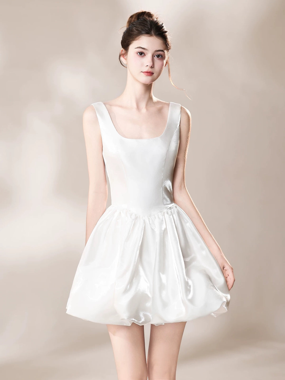 Short White Satin Prom Dresses, Short White Satin Formal Homecoming Engagement Dresses