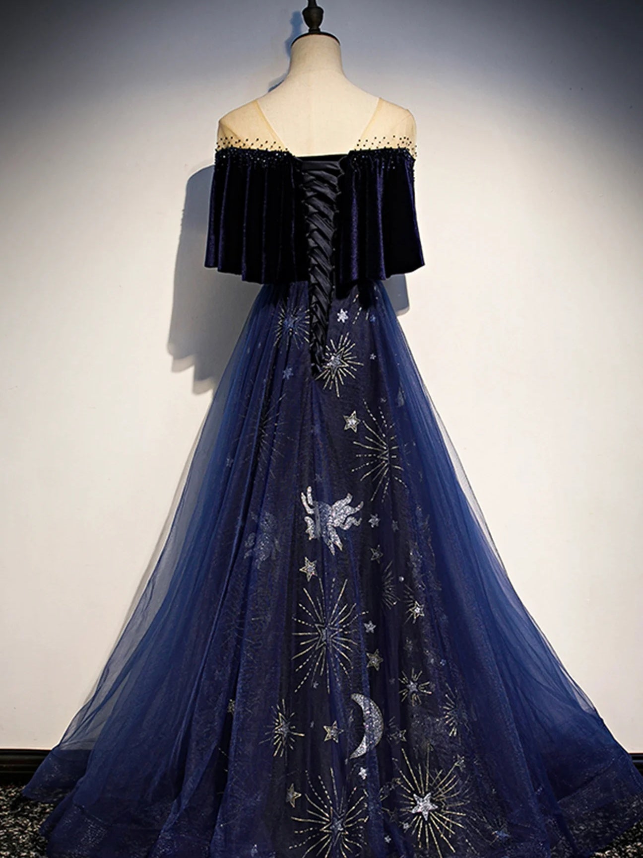 Short Sleeves Dark Blue Long Prom Dresses, Blue Long Formal Graduation Dresses with Stars