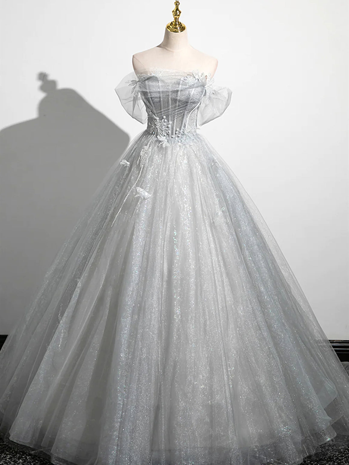 Silver Gray Tulle Lace Prom Dresses, Silver Gray Long Lace Formal Evening Dresses
