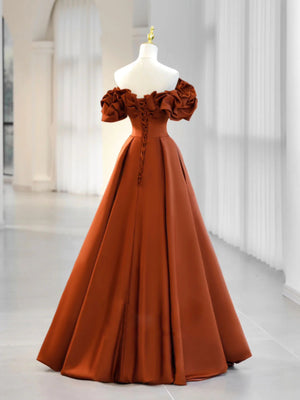 Simple A Line Satin Orange Long Prom Dresses, Orange Long Formal Evening Dresses