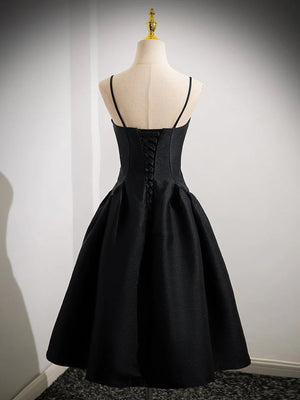 Simple A Line Spaghetti Straps Black Satin Short Prom Dresses, Short Black Homecoming Dresses