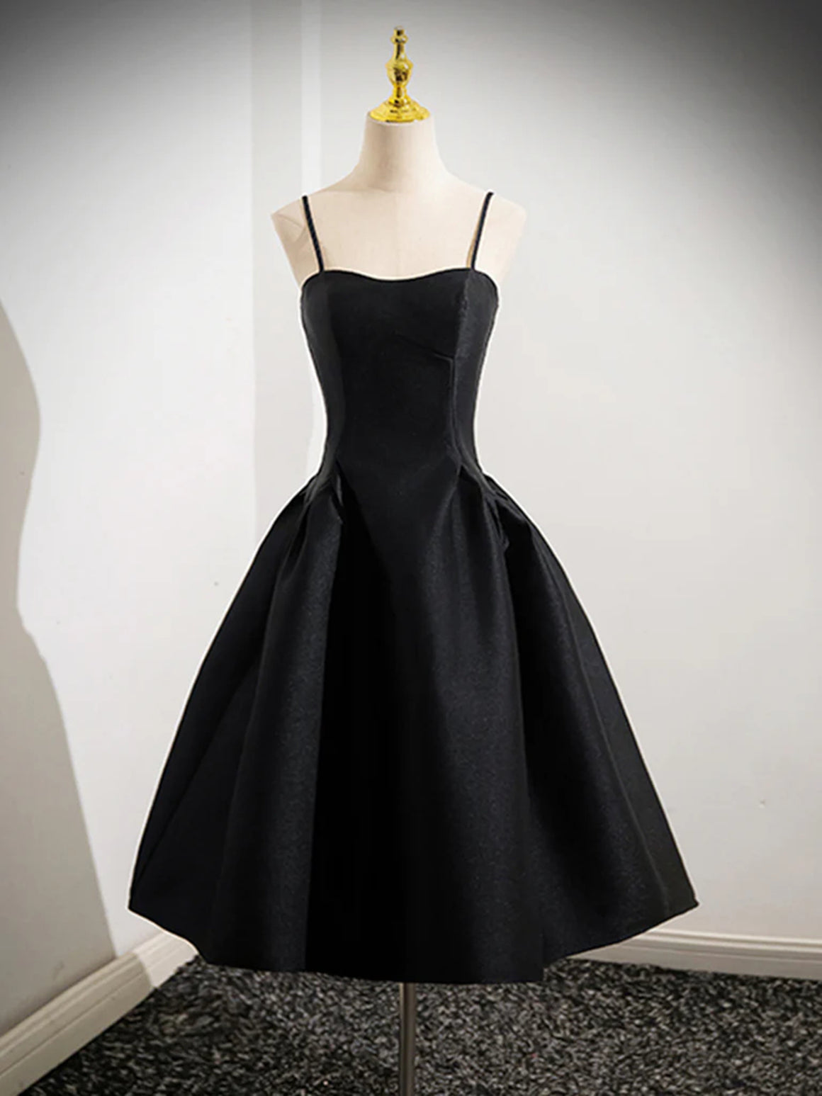 Simple A Line Spaghetti Straps Black Satin Short Prom Dresses, Short Black Homecoming Dresses