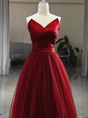 Simple A Line V Neck Strapless Burgundy Tulle Long Prom Dresses, Wine Red Formal Graduation Evening Dresses