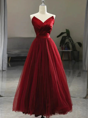 Simple A Line V Neck Strapless Burgundy Tulle Long Prom Dresses, Wine Red Formal Graduation Evening Dresses