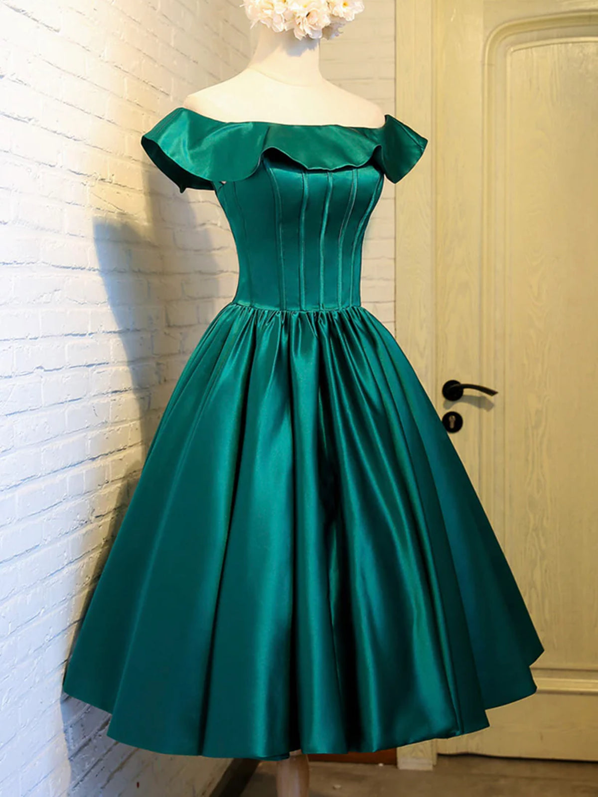 Simple Off Shoulder Green Satin Short Prom Dresses, Off the Shoulder Green Homecoming Dresses, US 16 / Custom Color / No Rush Simple Off Shoulder Green Satin Short Prom Dresses, Off the Shoulder Green Homecoming Dresses, US 16 / Custom Color / No Rush