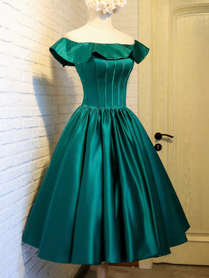 Simple Off Shoulder Green Satin Short Prom Dresses, Off the Shoulder Green Homecoming Dresses