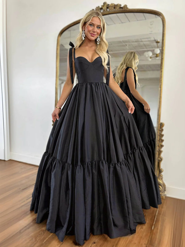Simple Sweetheart Neck Black Satin Long Prom Dresses, Long Black Forma ...