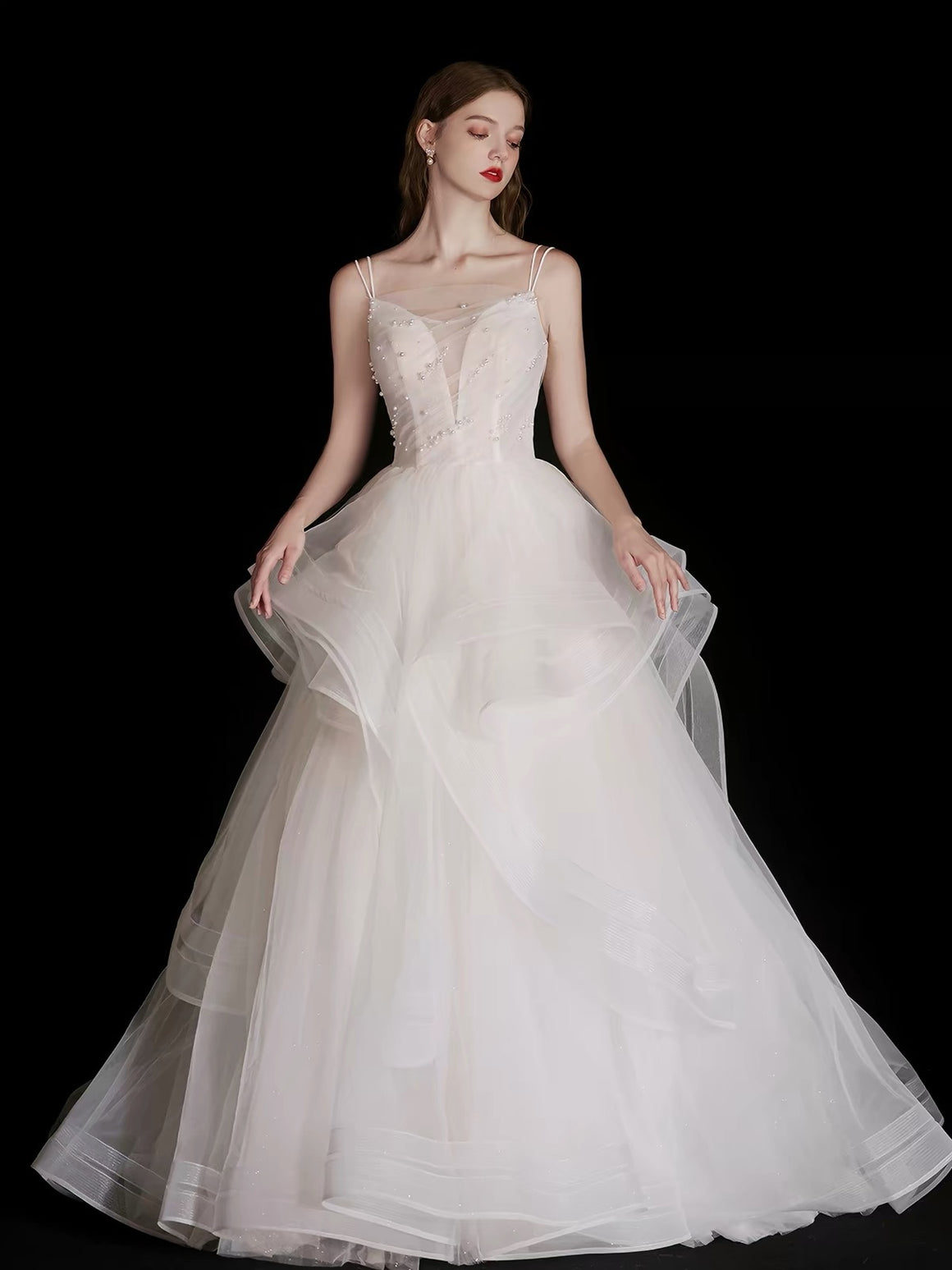 Spaghetti Strap White Ball Gown Prom Wedding Dress Pearl Beaded Sheer Bodice Tiered Ruffle Tulle Bridal Gown