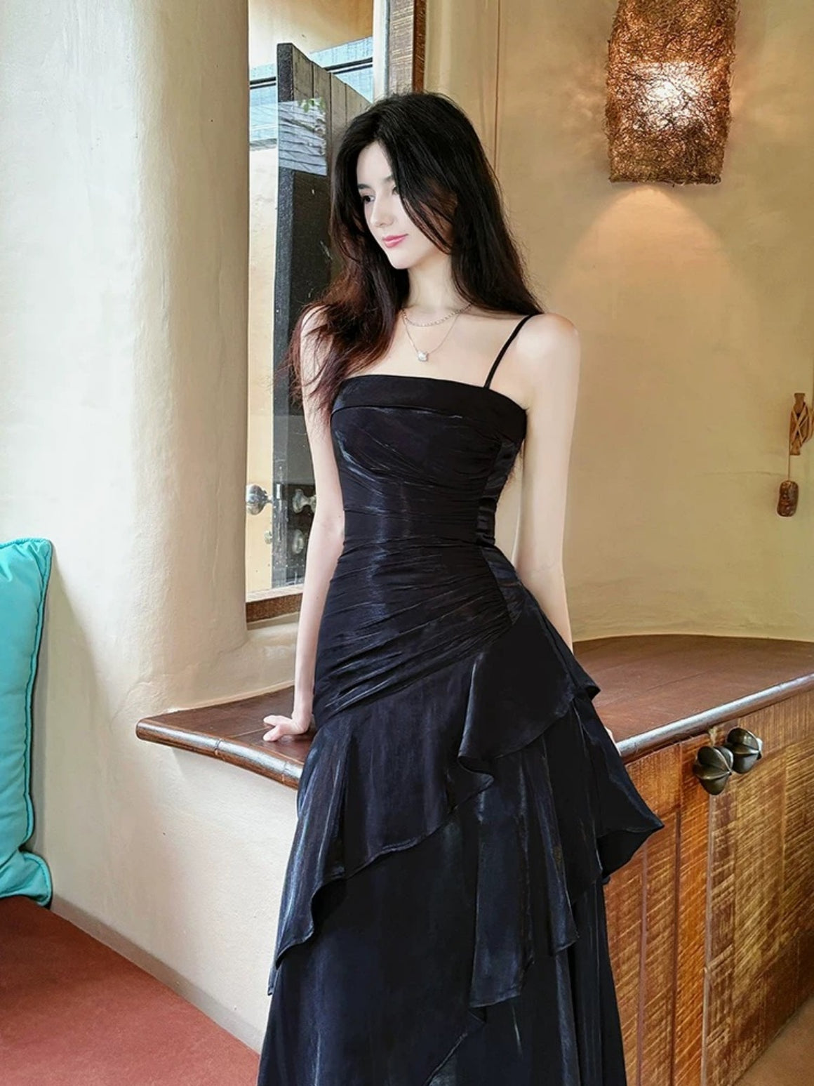 Spaghetti Straps Black Mermaid Long Prom Dresses, Black Long Mermaid Formal Dresses