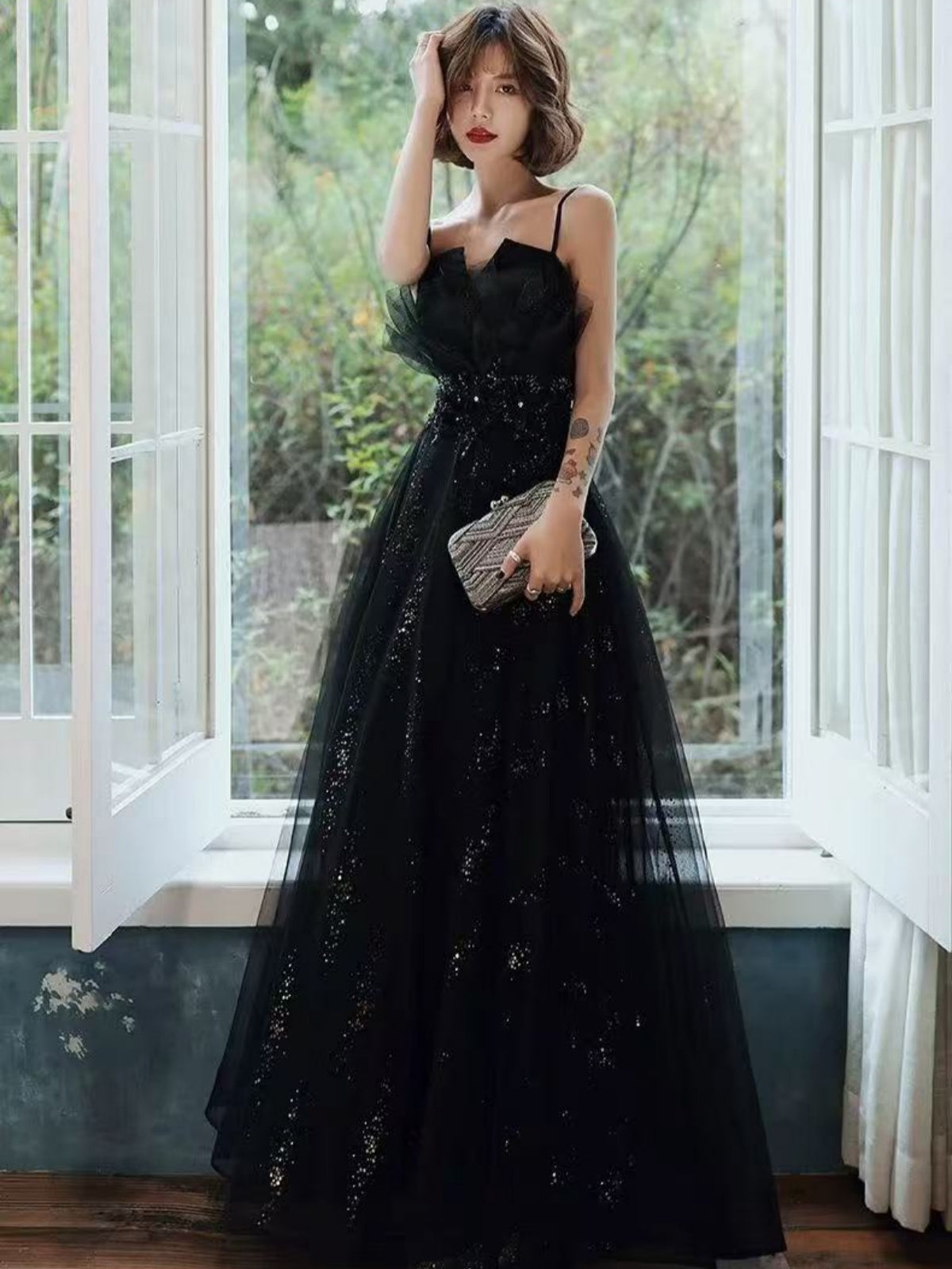 Spaghetti Straps Burgundy Black Shiny Tulle Lace Prom Dresses, Wine Re - shegown Spaghetti Straps Burgundy Black Shiny Tulle Lace Prom Dresses, Wine Re - shegown