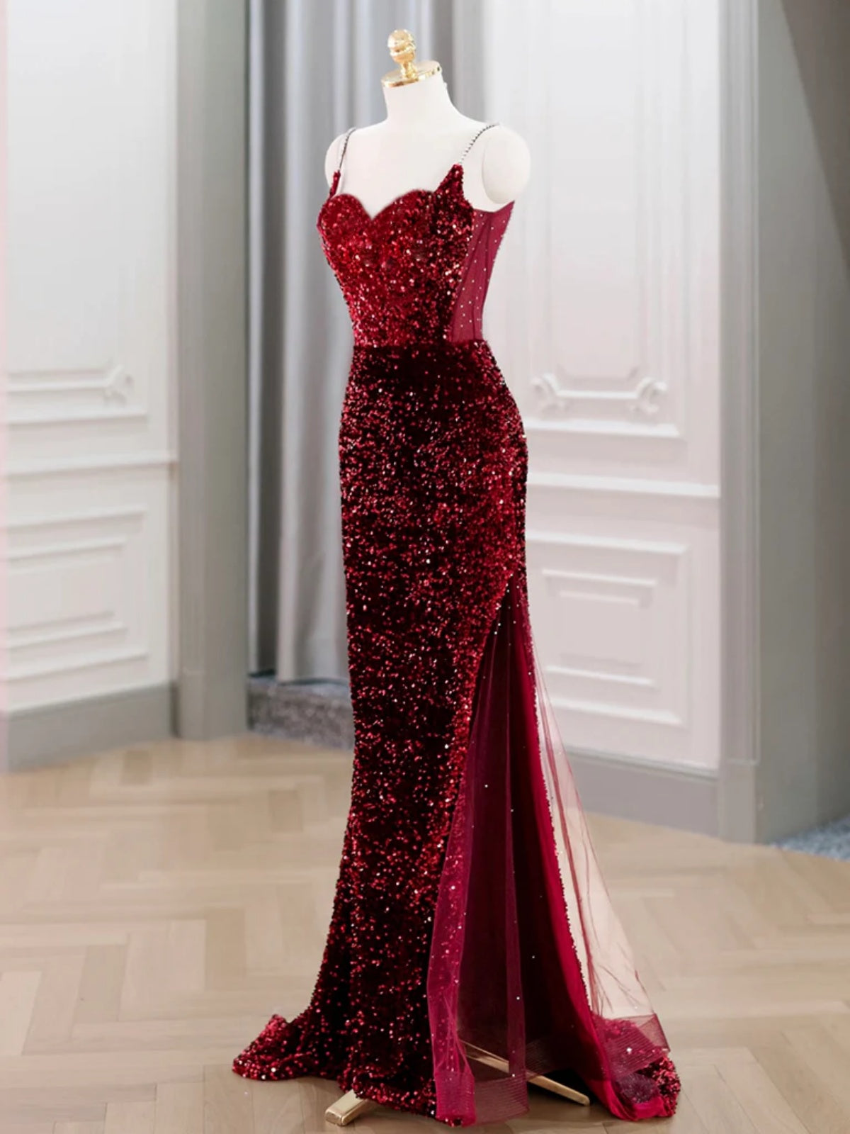 Spaghetti Straps Burgundy Sequins Mermaid Prom Dresses, Wine Red Mermaid Evening Dresses, US 6 / Custom Color / No Rush Spaghetti Straps Burgundy Sequins Mermaid Prom Dresses, Wine Red Mermaid Evening Dresses, US 6 / Custom Color / No Rush