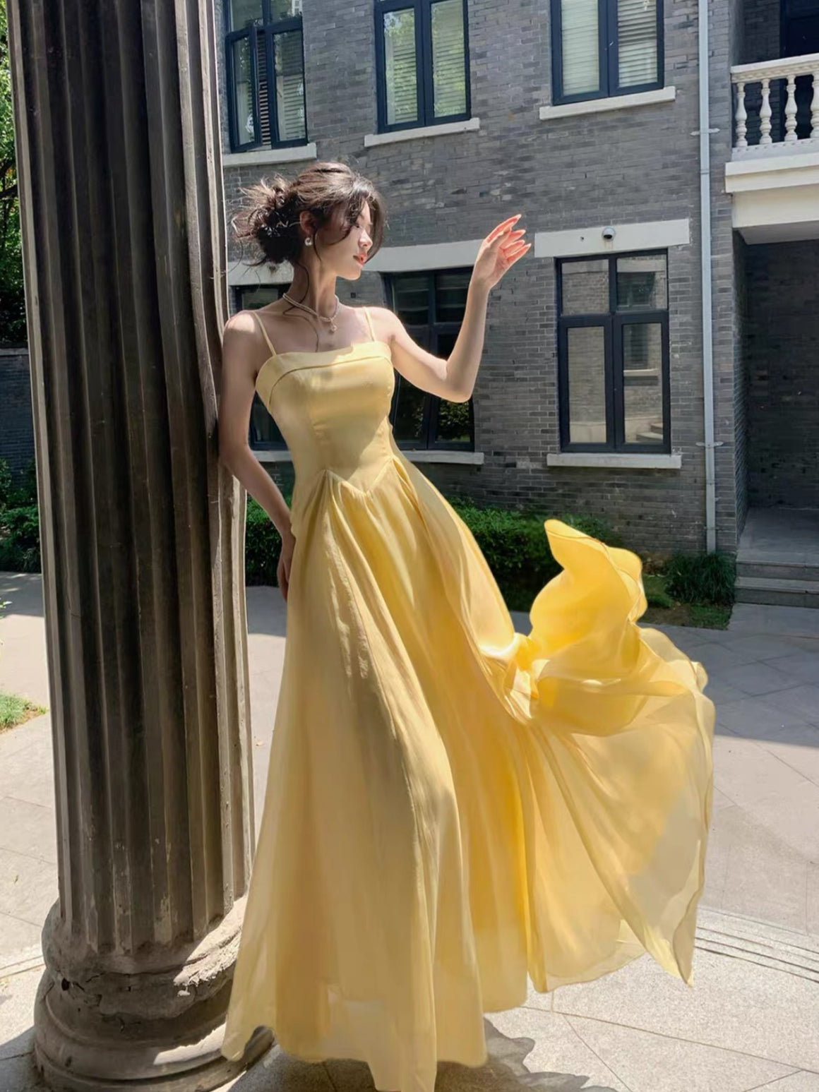Spaghetti Straps Floor Length Yellow Long Prom Dresses, Yellow Floor Length Long Formal Evening Dresses