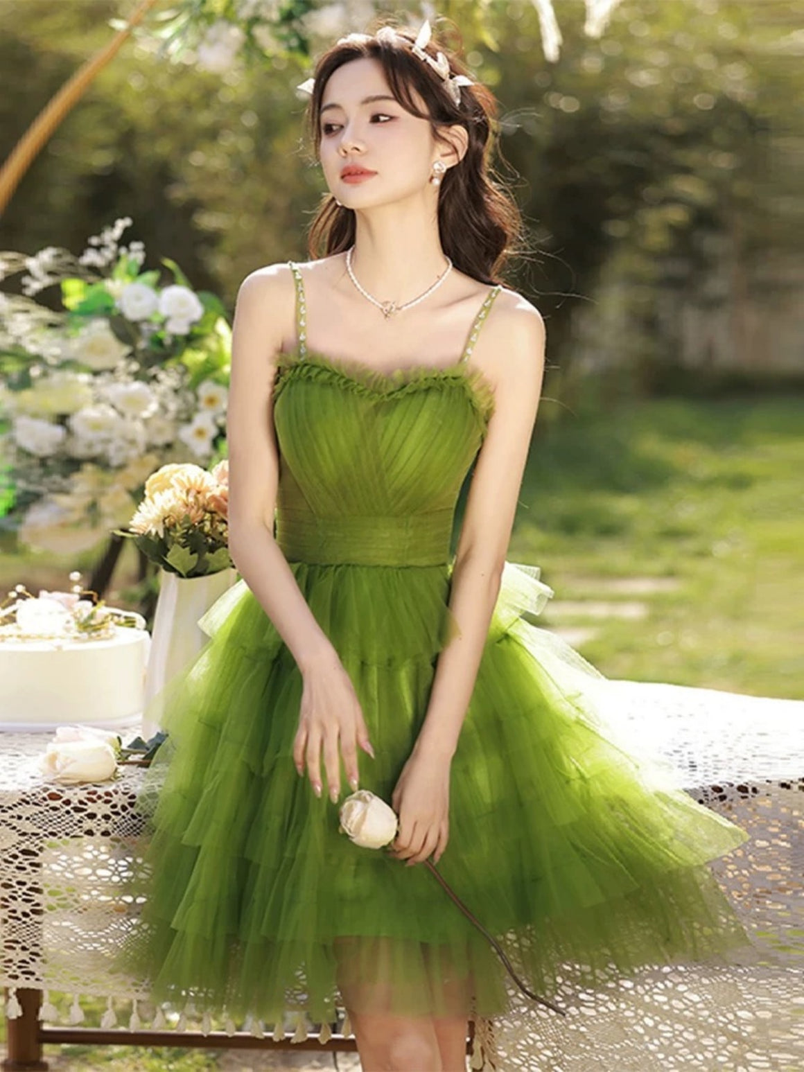 Spaghetti Straps Ruffled Tiered Short Green Tulle Prom Dress, Fairy Green Mini Homecoming Formal Dress
