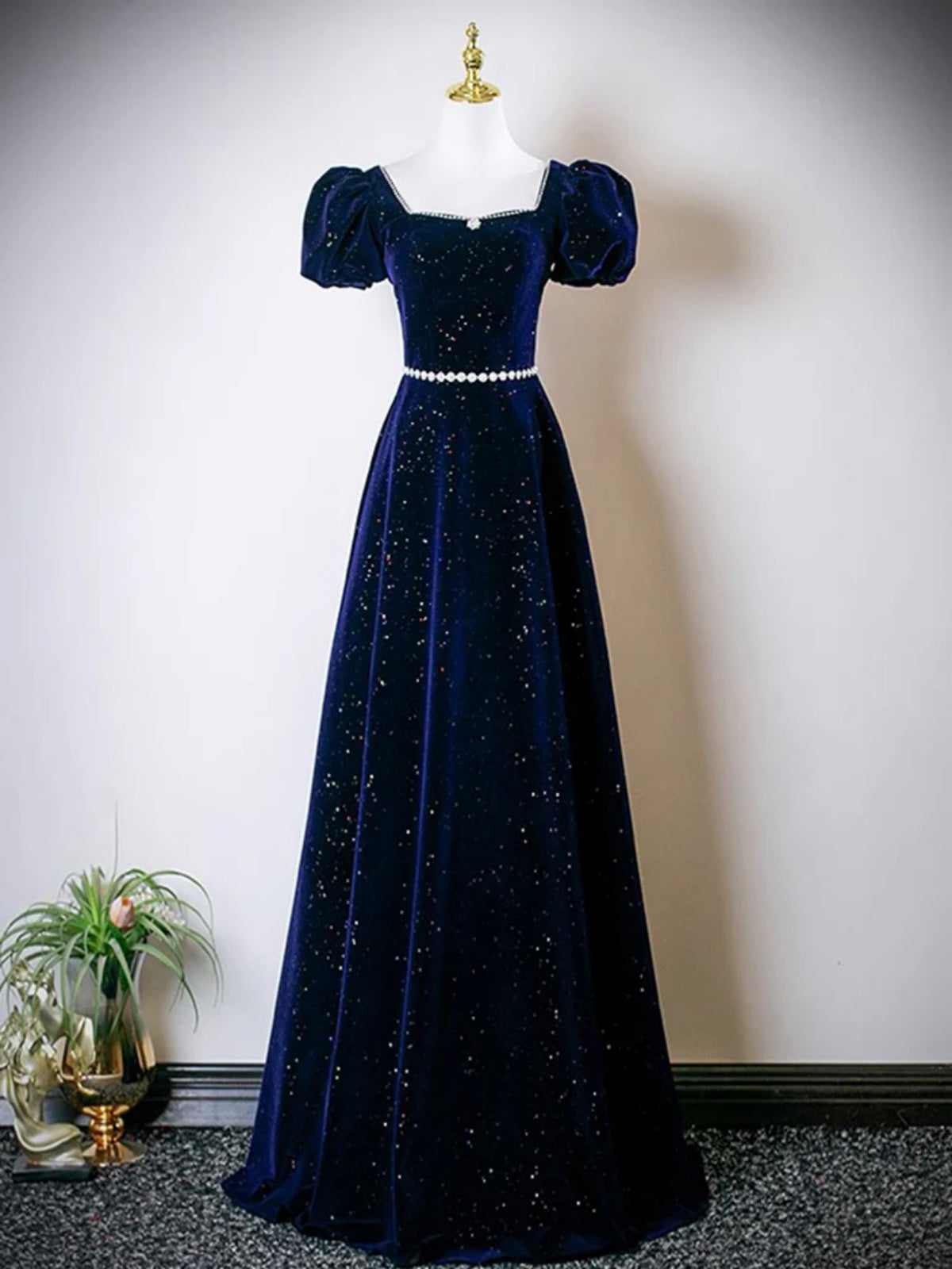 Square Neck Dark Navy Blue Black Velvet Long Prom Dresses, Dark Blue Black Long Formal Evening Dresses