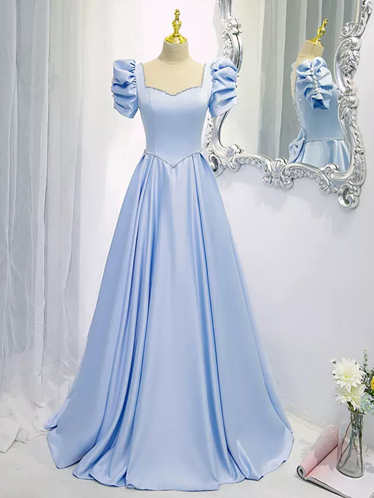 Square Neck Light Blue Long Satin Prom Dresses, Blue Long Formal Eveni - shegown Square Neck Light Blue Long Satin Prom Dresses, Blue Long Formal Eveni - shegown