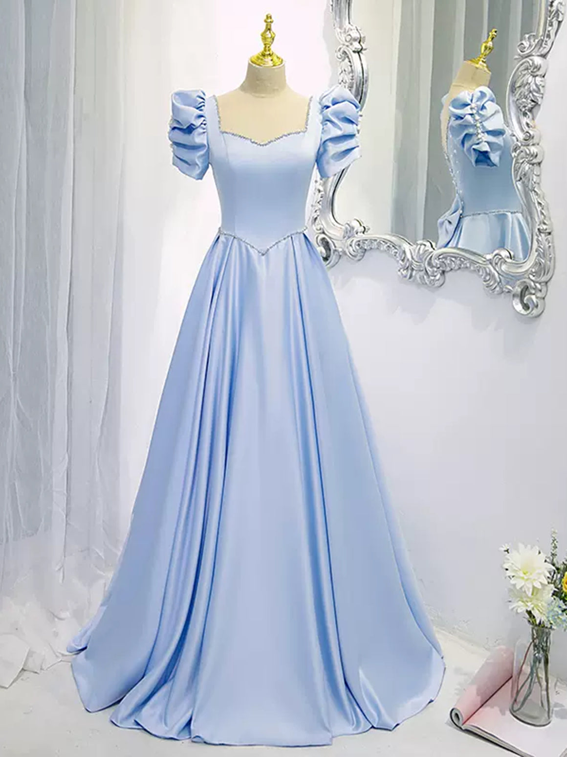 Square Neck Light Blue Long Satin Prom Dresses, Blue Long Formal Evening Dresses