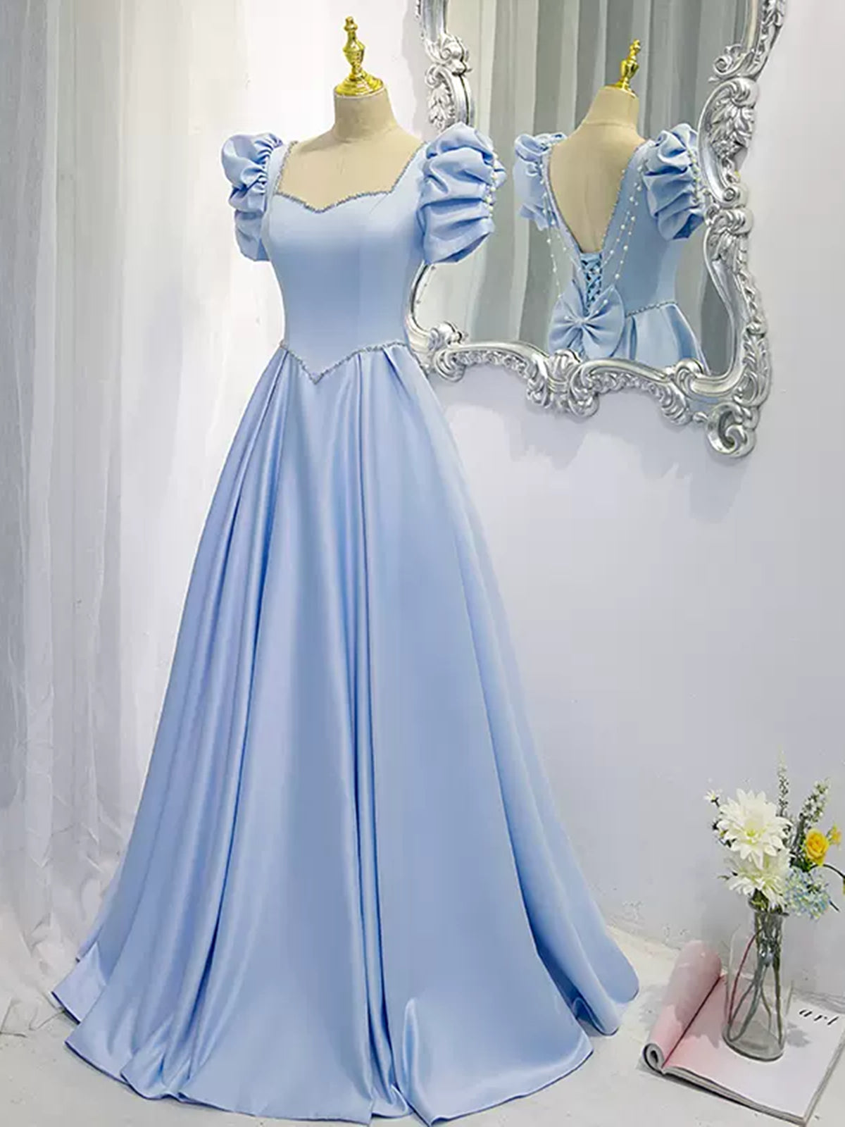 Square Neck Light Blue Long Satin Prom Dresses, Blue Long Formal Eveni - shegown Square Neck Light Blue Long Satin Prom Dresses, Blue Long Formal Eveni - shegown