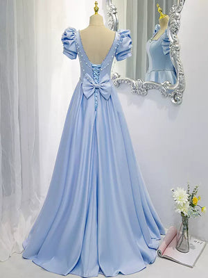 Square Neck Light Blue Long Satin Prom Dresses, Blue Long Formal Evening Dresses