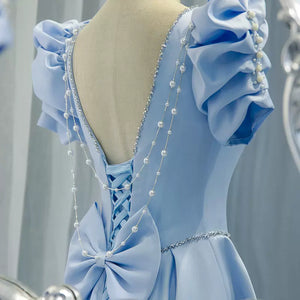 Square Neck Light Blue Long Satin Prom Dresses, Blue Long Formal Evening Dresses