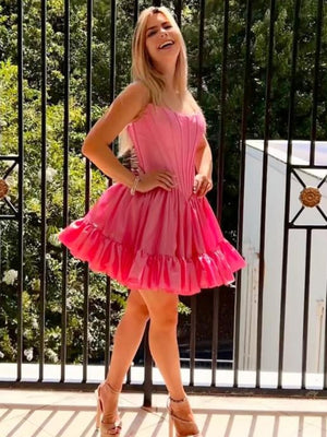 Strapless A Line Short Teal Pink Prom Dresses, Short Teal Pink Homecoming Formal Dresses