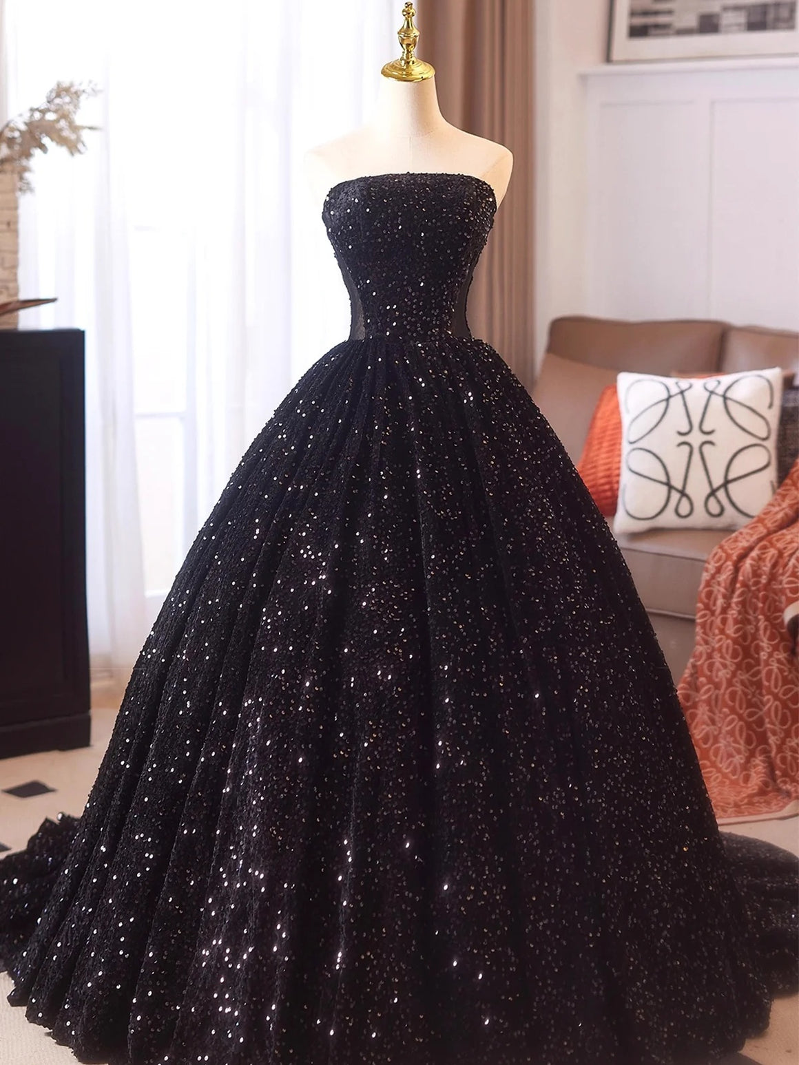 Strapless Black Sequins Long Prom Dresses, Black Sequins Long Formal Prom Gown