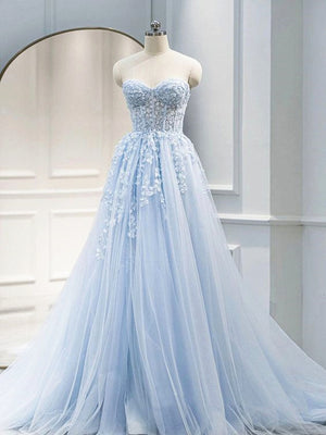 Strapless Blue Lace Prom Dresses, Strapless Sky Blue Lace Formal Evening Dresses