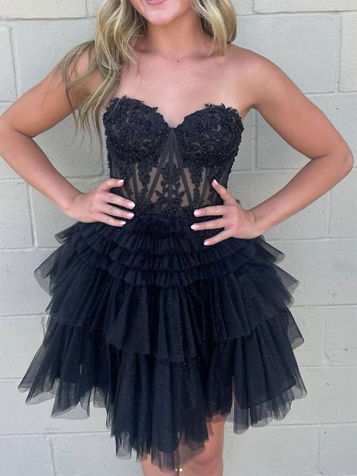 Strapless Black Lace Short Prom Dresses, Black Lace Homecoming Dresses - shegown Strapless Black Lace Short Prom Dresses, Black Lace Homecoming Dresses - shegown