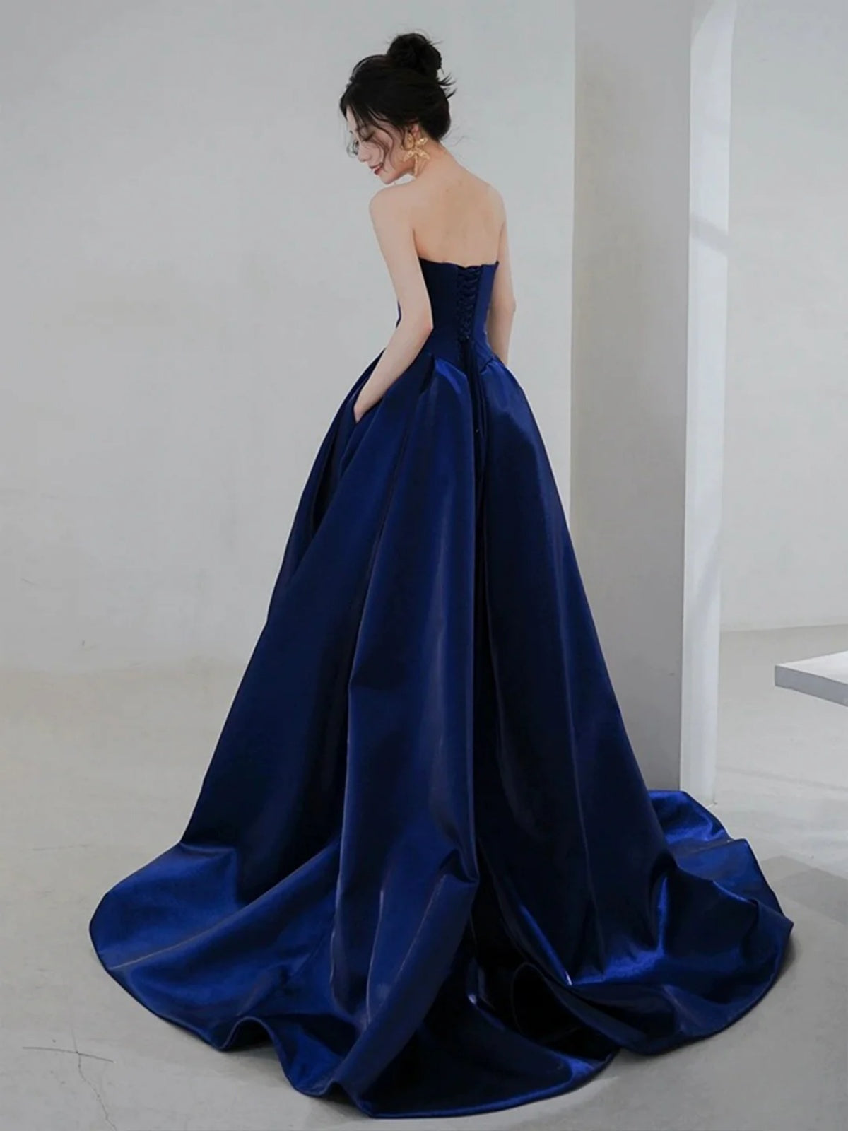 Strapless Blue Satin Long Prom Dresses, Blue Satin Long Formal Graduat - shegown Strapless Blue Satin Long Prom Dresses, Blue Satin Long Formal Graduat - shegown